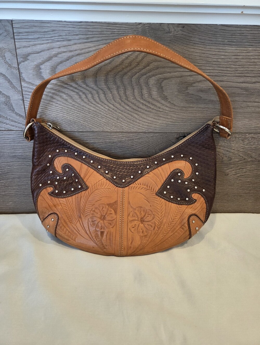 Tooled Two-Tone Brown Leather Boho Western Shoulder Bag